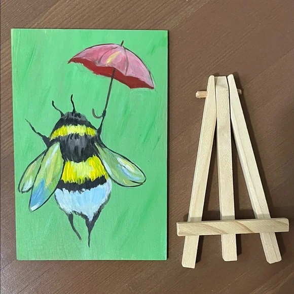 Colorful Bee Art on Green Canvas - Picture 2 of 4
